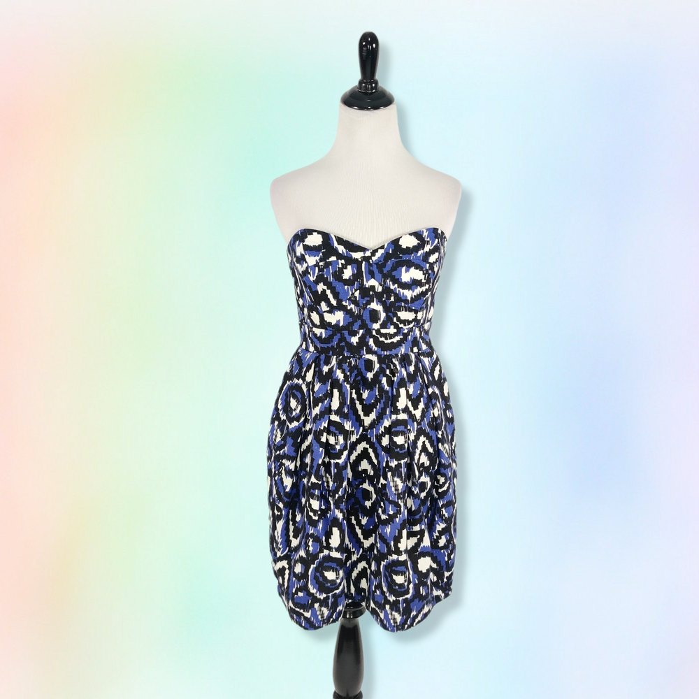 Shoshanna 6 Abstract‎ Strapless mini Dress Black Blue sweetheart